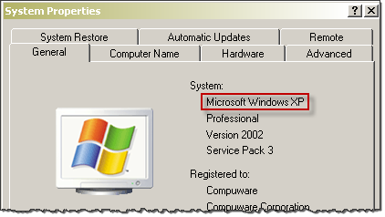 Windows XP - System Properties screen